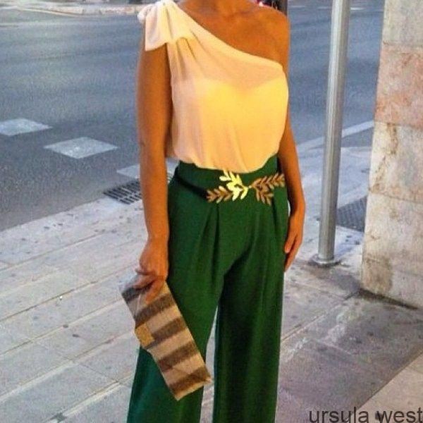 fiesta con un solo hombro | With Green Pants Green Pant Outfits, party dress,
