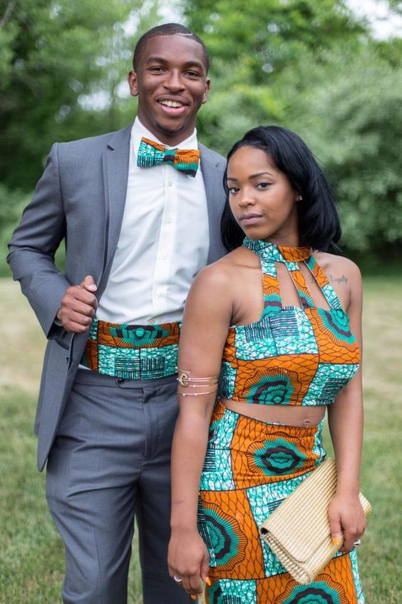 African attire for young couples: party outfits,  African Dresses,  Bow tie,  Kitenge Couple Outfits  