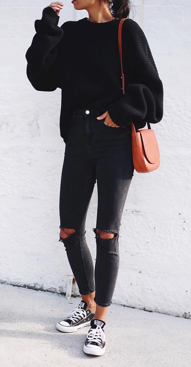 All black chuck taylors outfit: Ripped Jeans,  Street Style,  Street Outfit Ideas  