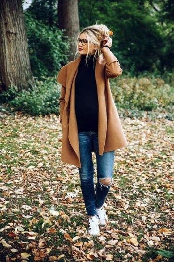 Camel coat outfit casual, Polo coat: Ripped Jeans,  winter outfits,  Polo neck,  Fall Outfits,  Polo coat,  Street Style,  Casual Outfits,  Burberry Trench,  Brown Coat,  swing coat  