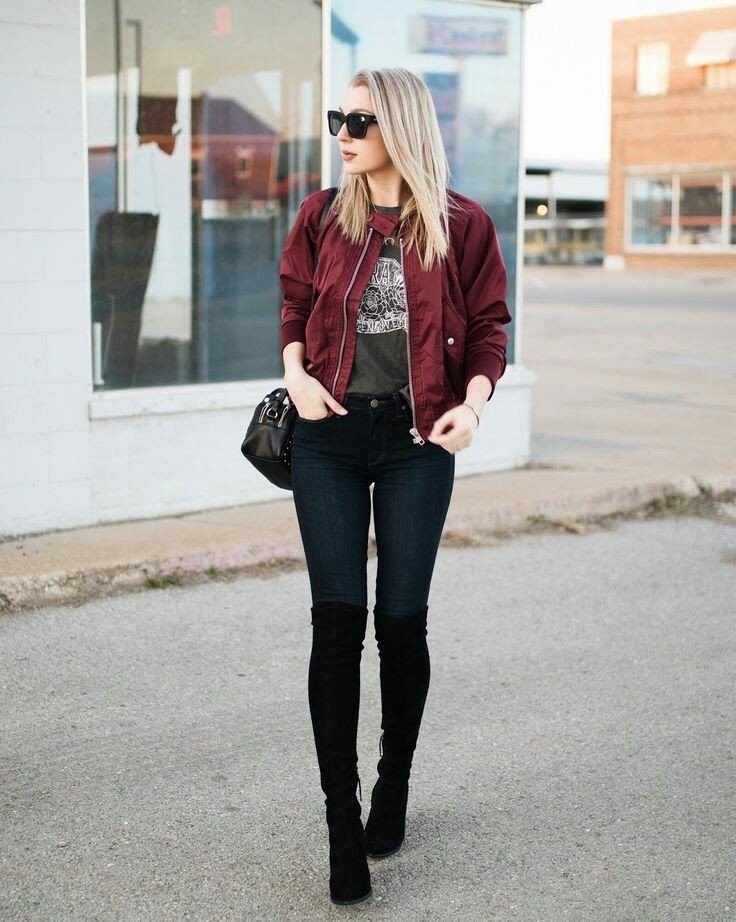 Get stylish look with bomber jacket ootd, Burgundy bomber jacket: winter outfits,  Clothing Ideas,  Flight jacket,  Casual Outfits,  Jacket Outfits,  bomber jacket,  Boxy Jacket,  Lounge jacket  