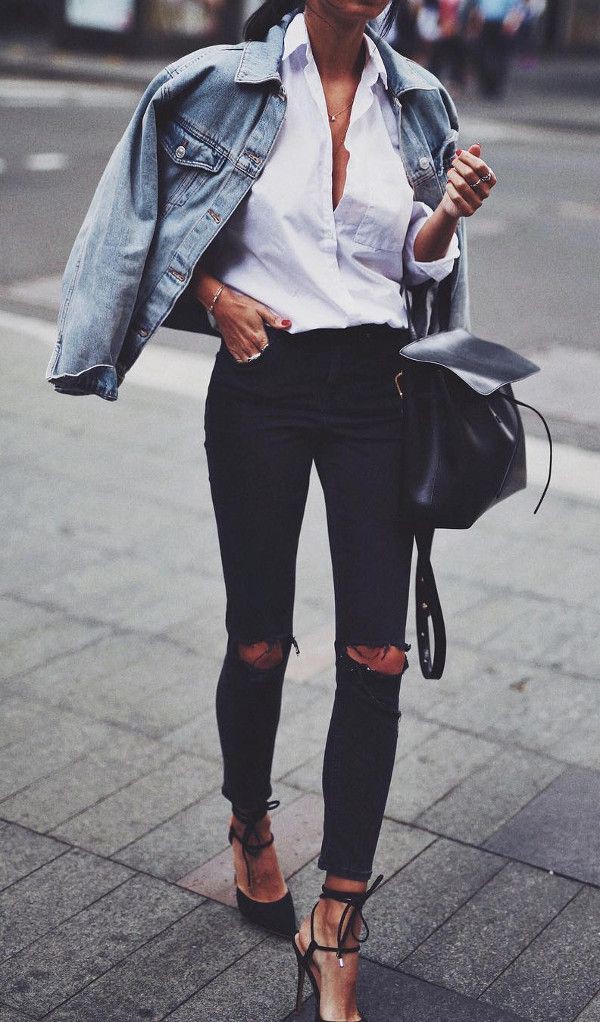 Evening outfit ideas for fashion outfits, Hip hop fashion: Ripped Jeans,  winter outfits,  Jean jacket,  fashion blogger,  Street Style,  Casual Outfits,  Jacket Outfits  