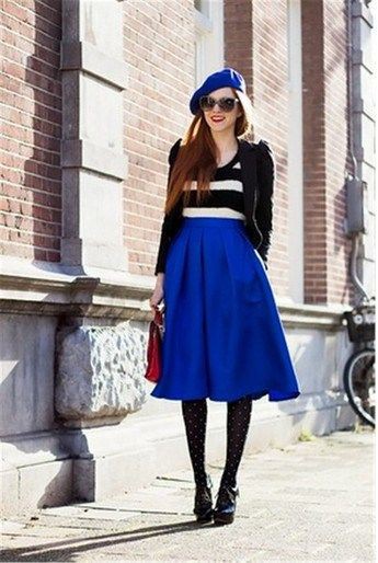A splendid look blue beret outfit: Midi Skirt Outfit  