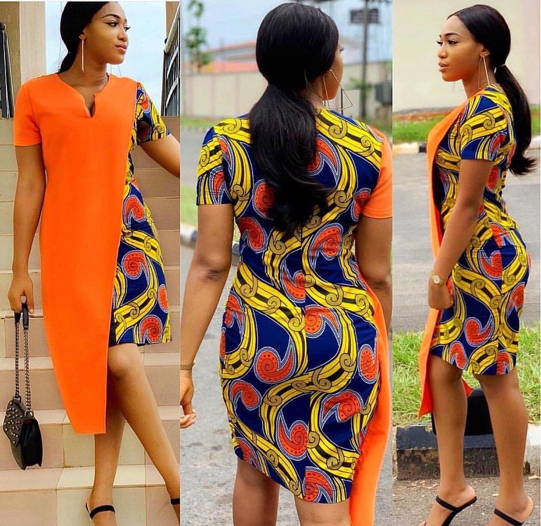 Ankara and plain material combination: African Dresses,  Aso ebi,  Ankara Outfits  