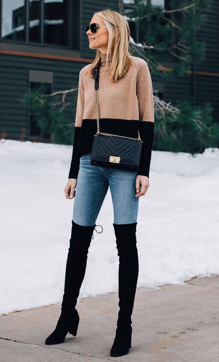 Black high knee booties winter outfits: Boot Outfits,  Over-The-Knee Boot,  Sweaters Outfit  