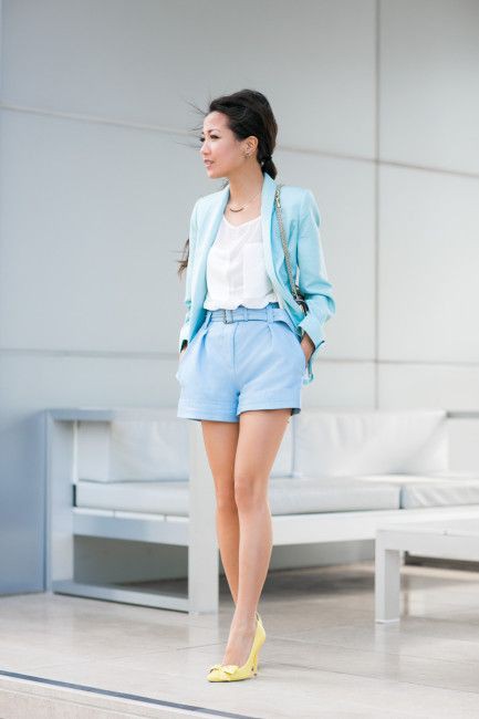 Pastel color outfit for female: Baby blue,  Yellow Shoes  