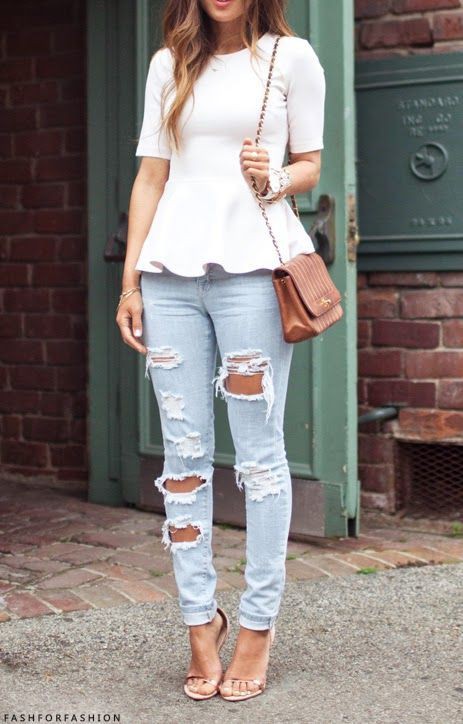 Peplum top with jeans and heels: blue jeans outfit,  Ripped Jeans,  High-Heeled Shoe,  Slim-Fit Pants  