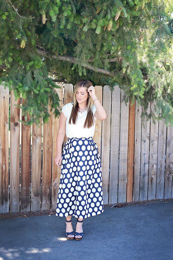 Tops To Wear With Maxi Skirts, Polka dot, Karen Walker: Petite size,  Skirt Outfits,  Kendra Scott,  Karen Walker  