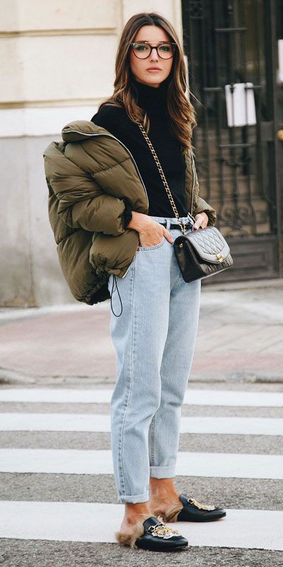 Mom jeans and puffer jacket: Slim-Fit Pants,  Polo neck,  Mom jeans,  Winter Jeans,  holiday outfit  