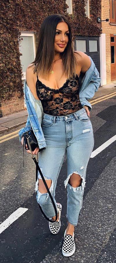 Lace bodysuit street style, Casual wear: Spaghetti strap,  Spring Outfits,  Casual Outfits,  Lace Outfits  