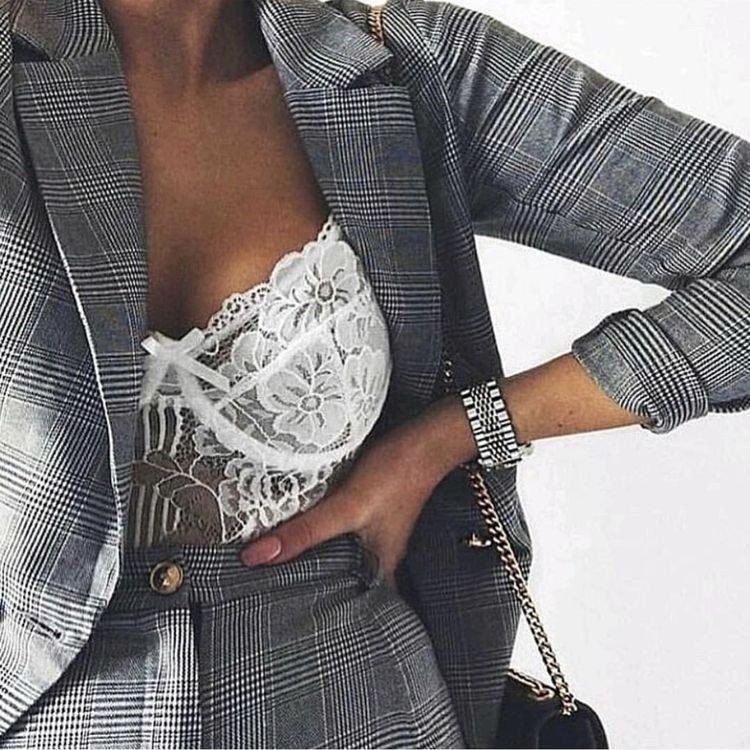 Nice & adorable checkered blazer set, Street fashion: Fur clothing,  Blazer Outfit,  Street Style  