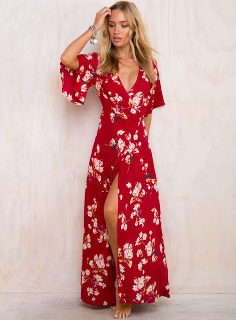 Red floral maxi dress, Maxi dress: Wrap dress,  Bell sleeve,  Floral design,  Maxi dress,  Floral Dresses,  Floral Outfits  