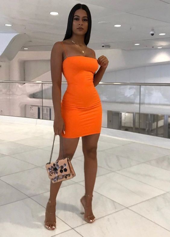 Orange Tight Bodycon Outfit Inspiration For Cocktail Party For Black Girl: party outfits,  Cocktail Dresses,  Spaghetti strap,  Club Outfit Ideas,  Orange Dress  