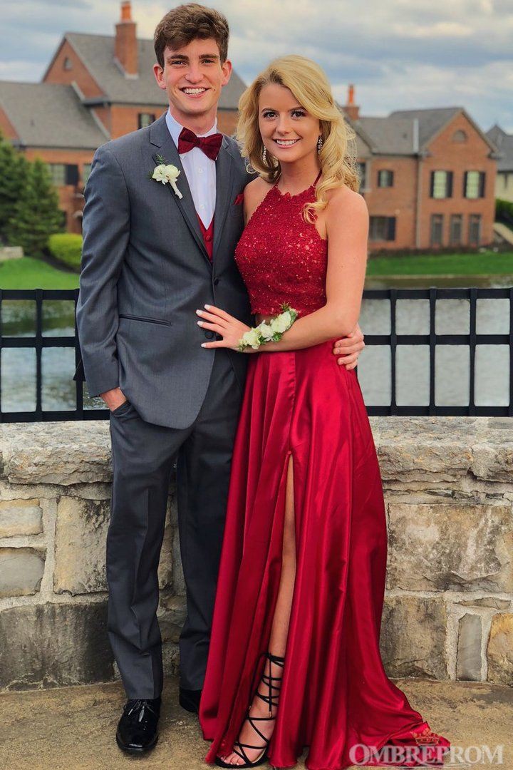 Red halter prom dress long: Wedding dress,  Evening gown,  couple outfits,  Prom Suit,  Red Dress  
