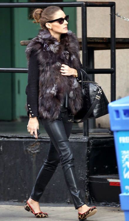 Olivia palermo fur vest: Fur clothing,  Animal print,  Fake fur,  Olivia Palermo,  Flat Shoes Outfits  