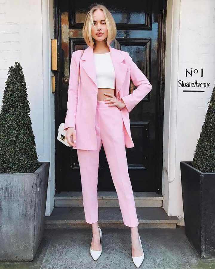 pink suit outfit, Crop top: Crop top,  Blazer Outfit,  Street Style,  Casual Outfits  