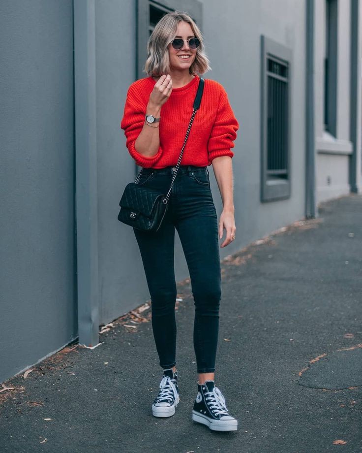 Oversized red sweater with black jeans: Crop top,  Slim-Fit Pants,  Trendy Outfits,  Street Style,  Casual Outfits  