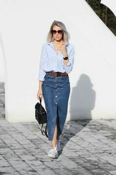 Styling long denim skirt: Denim skirt,  Pencil skirt,  Skirt Outfits,  Street Style,  Denim Shirt  