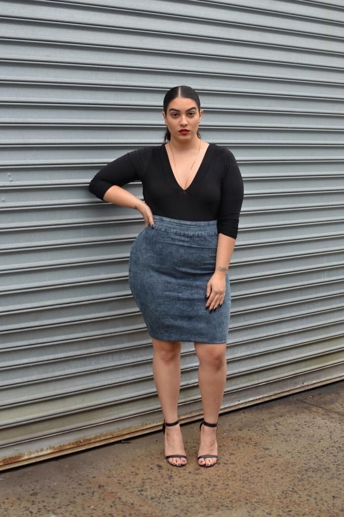 Body suit and pencil skirt: Plus size outfit,  Plus-Size Model,  Pencil skirt,  Nadia Aboulhosn  