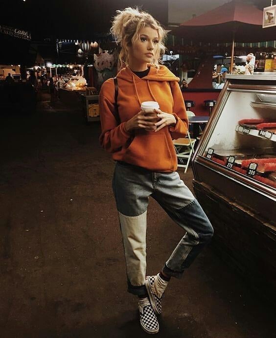 Female orange hoodie outfit, Casual wear: vans outfits,  Hoodie,  Hoodie outfit  