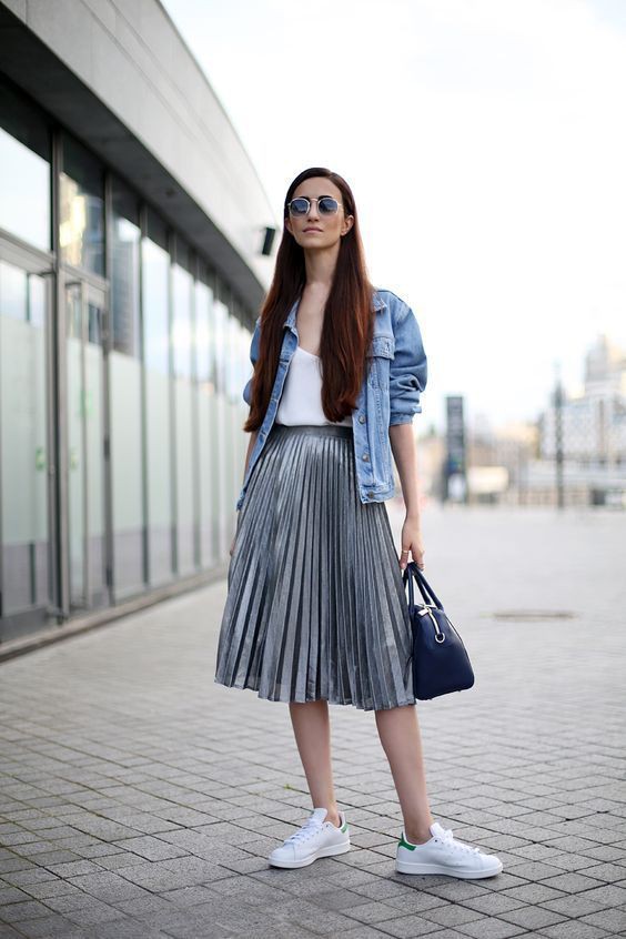 Pleated skirt and trainers, Denim skirt: Skirt Outfits,  High-Low Skirt,  Pleated Skirt  
