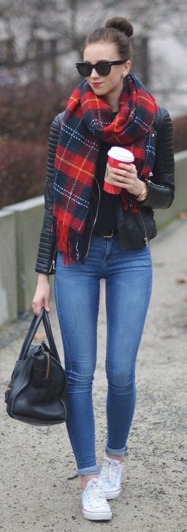 Get more ideas on minimal outfits, Casual wear | Dresses With Scarves |  High-heeled shoe, Jean jacket, Leather jacket