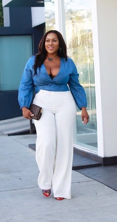 Blue Pants With White And Blue Dotted Blouse Plus Size, 41% OFF