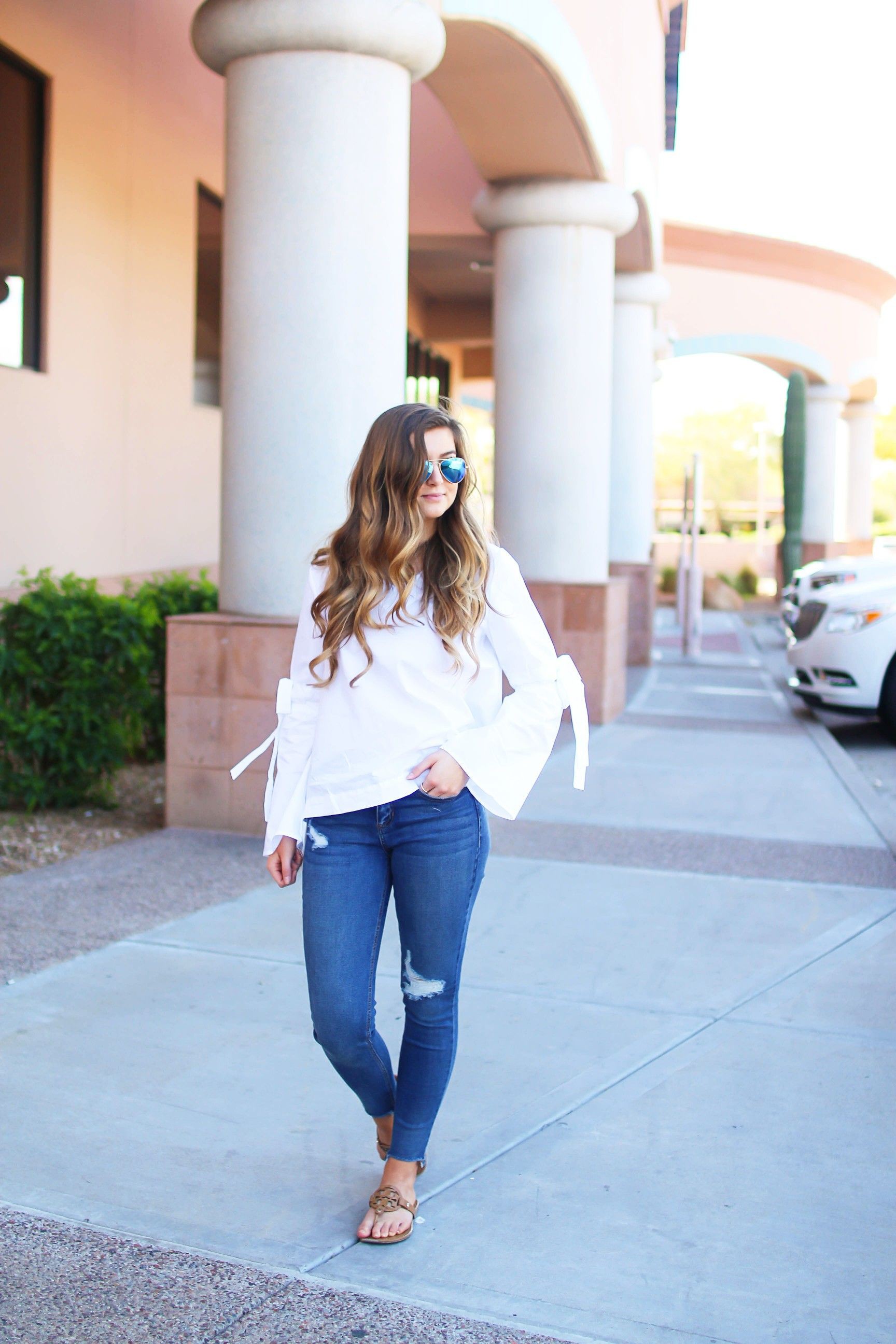 Ripped Blue Jeans and White Top Outfit for Summer, Casual Outfit Ideas for Summer: blue jeans outfit  
