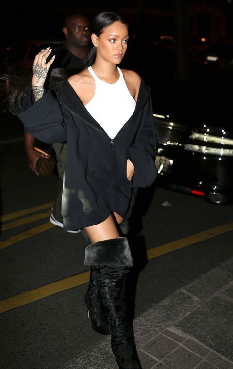 Oversized zip up outfit, Slip dress: Slip dress,  Rihanna Style  