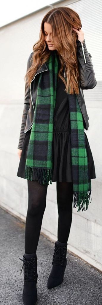 Green plaid scarf outfit, Leather jacket: winter outfits,  Scarves Outfits  
