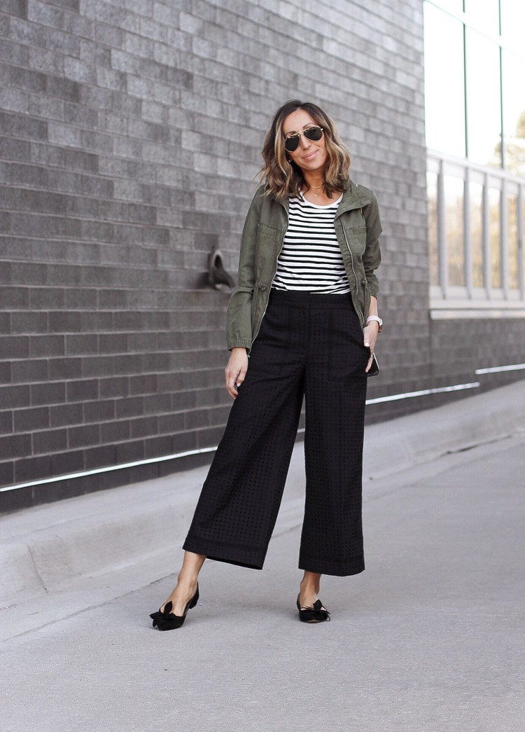 Culotte black stripes top, Capri pants: Crop Pants Outfit  