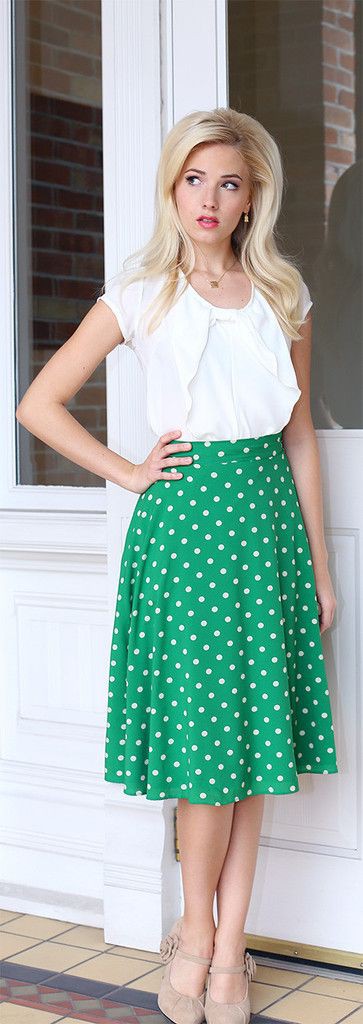 Green skirt with white top: White Top  