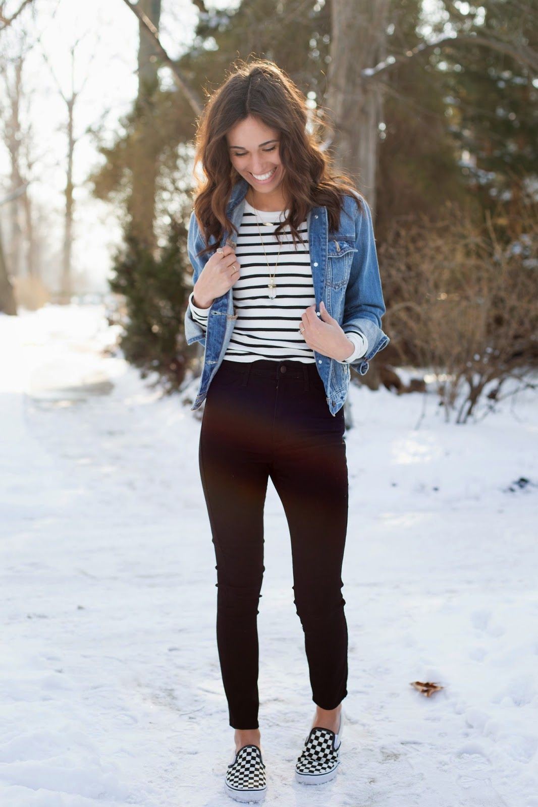 Checkered vans with striped shirt: Jean jacket,  vans outfits  