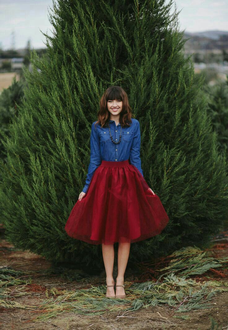 Red tulle skirt with denim shirt: Church Outfit,  Denim Shirt  
