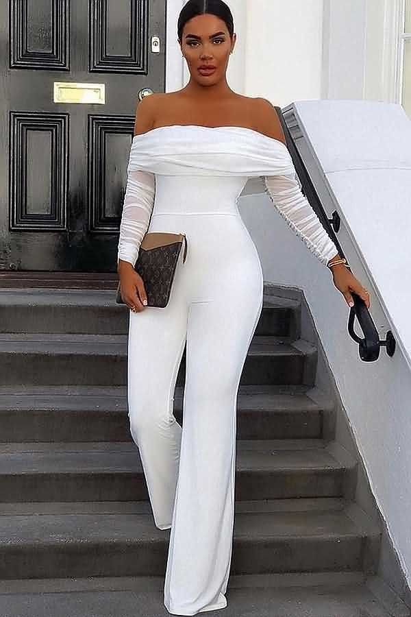 Zenuw Ik wil niet Toneelschrijver Long sleeve white off the shoulder jumpsuit | All White Party Outfit Ideas For  Women | Backless dress, Jumpsuits Rompers, Romper suit