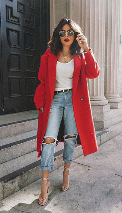 Red coat casual outfit ideas | Holiday ...