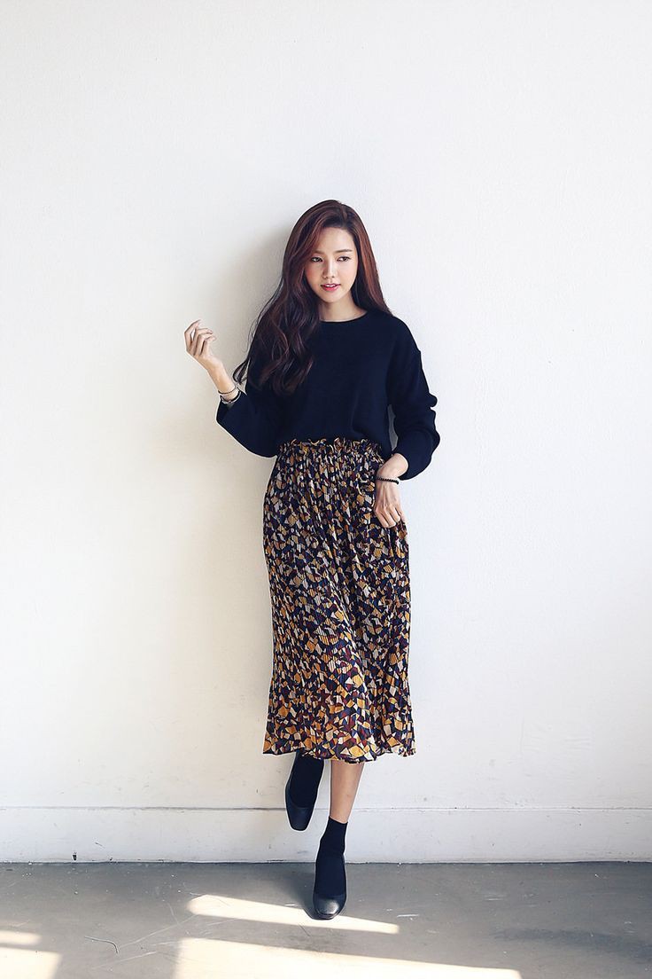 Korean long skirt outfit: Long Skirt,  Fashion week,  Church Outfit  