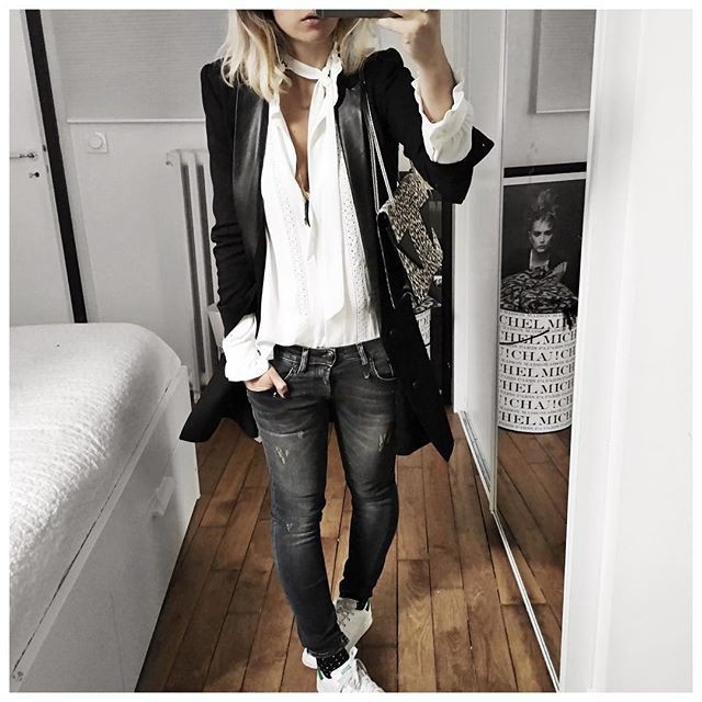 Black leather jacket white top black jeans white shoes | What To Wear ...