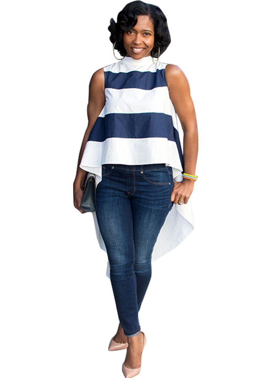 Blue Slim-fit Jeans with Cold Shoulder Striped Top Outfits for Summer: blue jeans outfit  