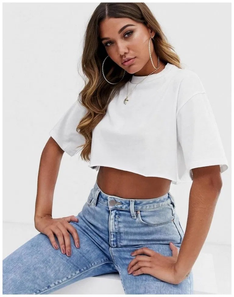 White crop t shirt, Crop top: School Outfit,  Crop top,  Crew neck,  Denim T-Shirt  