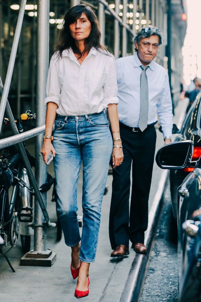 Emmanuelle alt white shirt, Emmanuelle Alt: Slim-Fit Pants,  shirts,  Red Shoes Outfits  