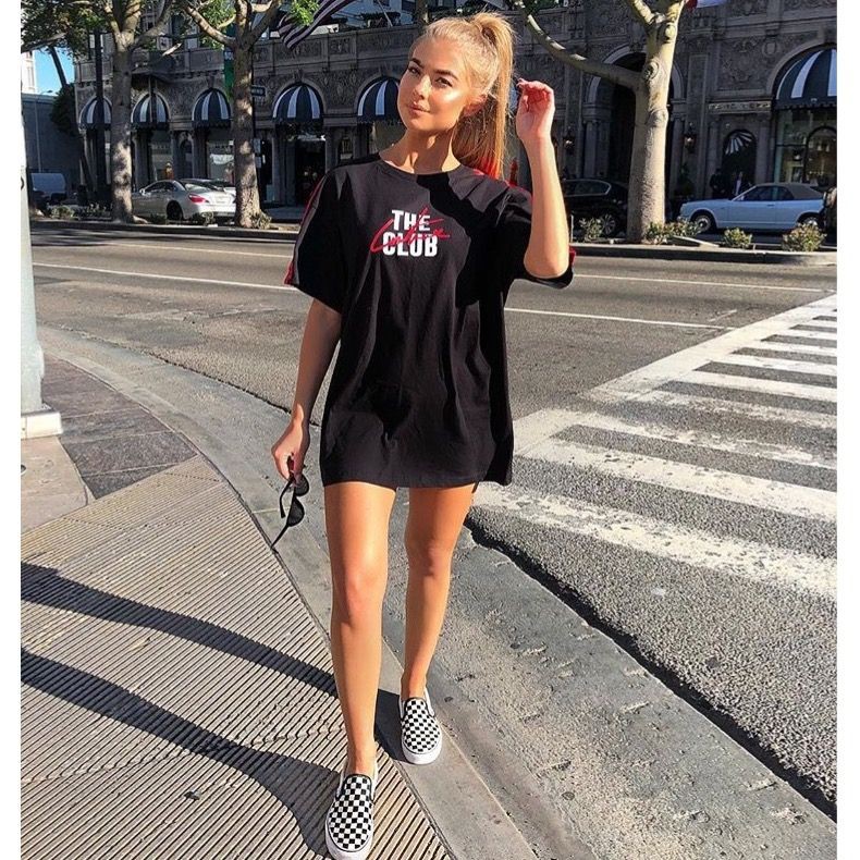 black dress with checkered vans