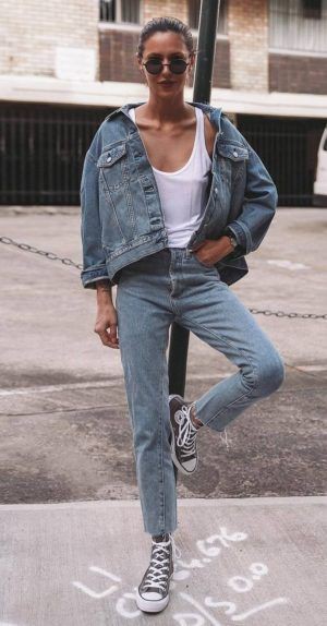 Converse and double denim, Jean jacket: Jean jacket,  Slim-Fit Pants,  Casual Outfits,  Skinny Women Outfits  