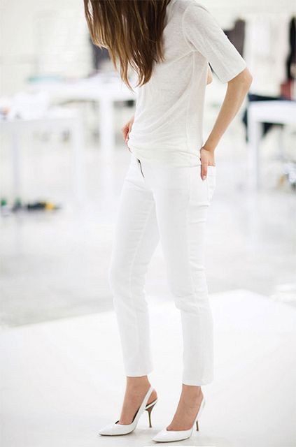 Get more ideas on white white style, White Pumps: High-Heeled Shoe,  Crew neck,  Court shoe,  White Pumps,  White Denim Outfits  