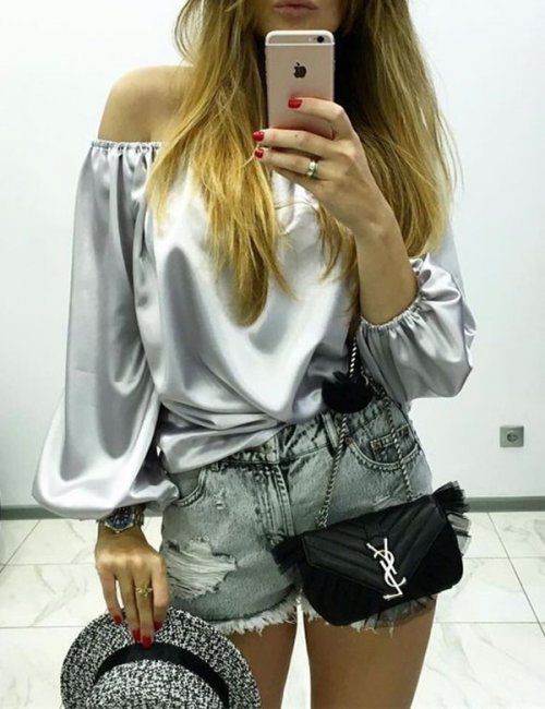 Off Shoulder Glossy Blouse | Date Outfits Ideas: Outfit Ideas,  Casual Outfits,  First Date,  Blouse  
