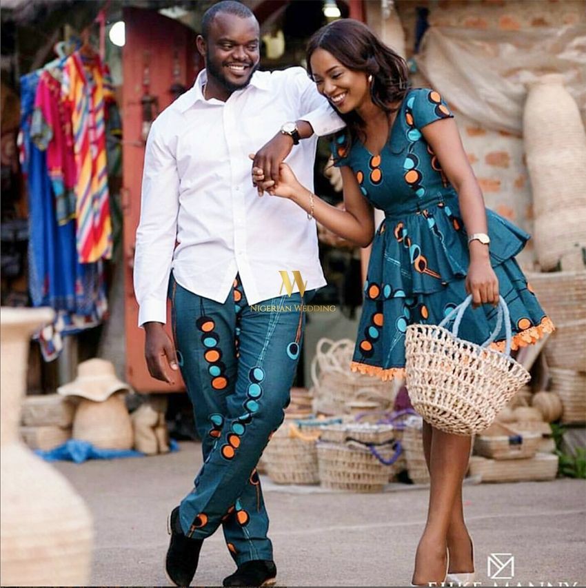 Classy Blue Matching Ankara Outfits For Couples: Couple Matching Outfit,  Matching Couple Outfits,  African couple  