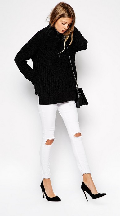 Black sweater white jeans, Polo neck: winter outfits,  Polo neck,  Smart casual,  White Denim Outfits  