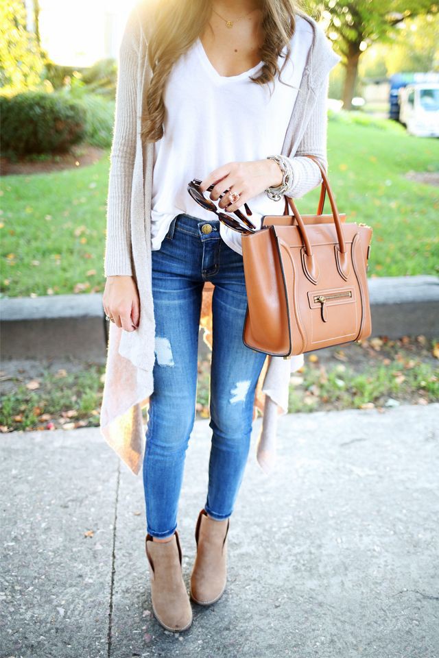 Cute outfits with jeans and booties: Ripped Jeans,  winter outfits,  Slim-Fit Pants,  Casual Outfits,  Long Cardigan Outfits  