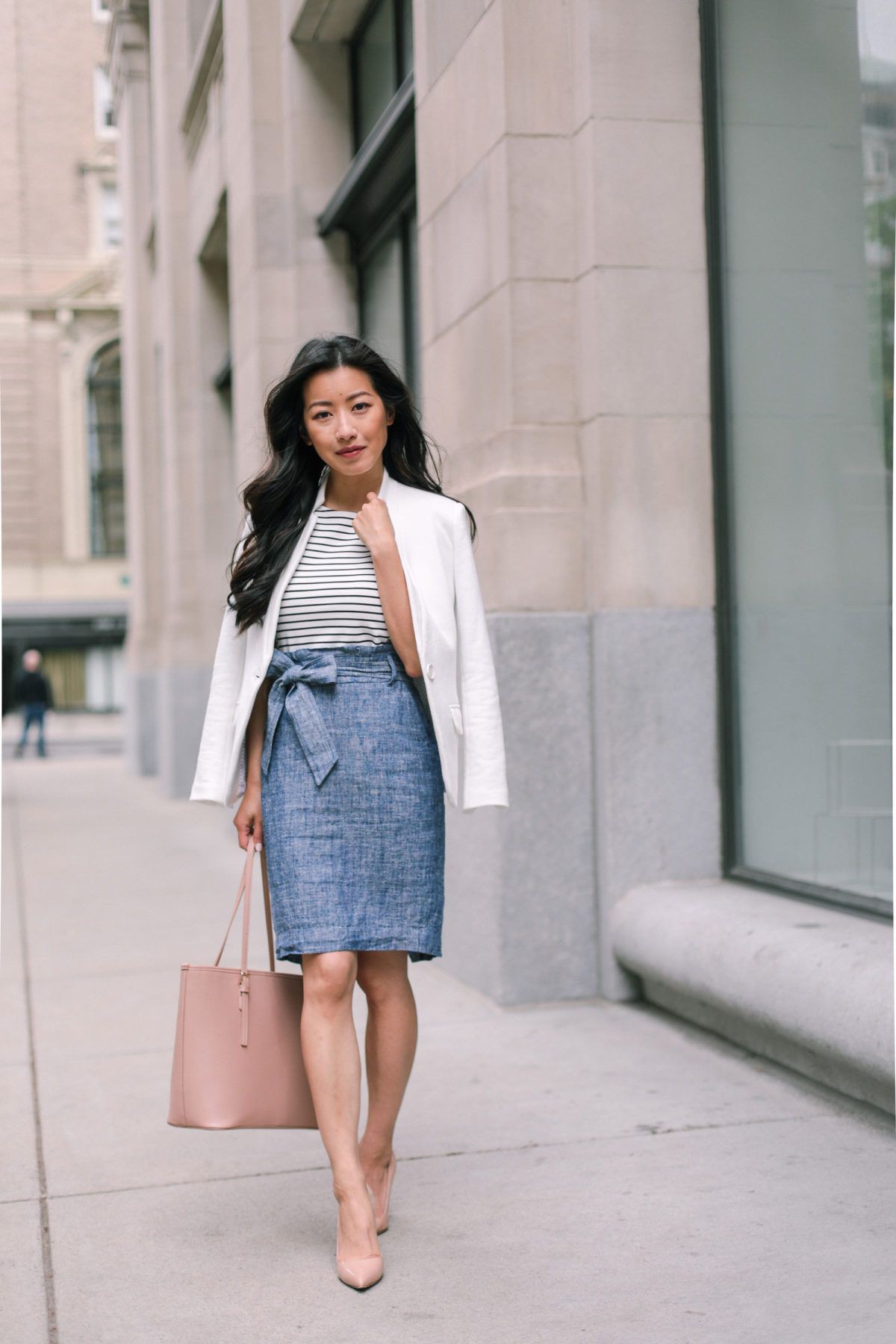 Business casual jean skirt | White Blazer Outfit | Ann Taylor, Blazer Outfit,  Business casual