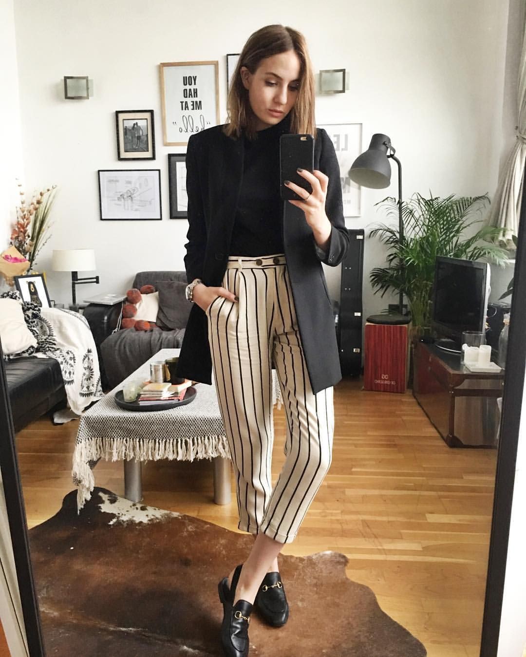 Black and white striped pants outfit: Crop top,  Polo neck,  Smart casual,  Capri pants,  Pant Outfits,  Stripe Trousers  